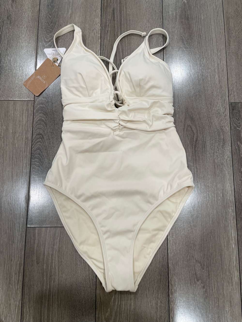 Cream Ruched One-Piece Swimsuit with Adjustable Tie - Women's Swim